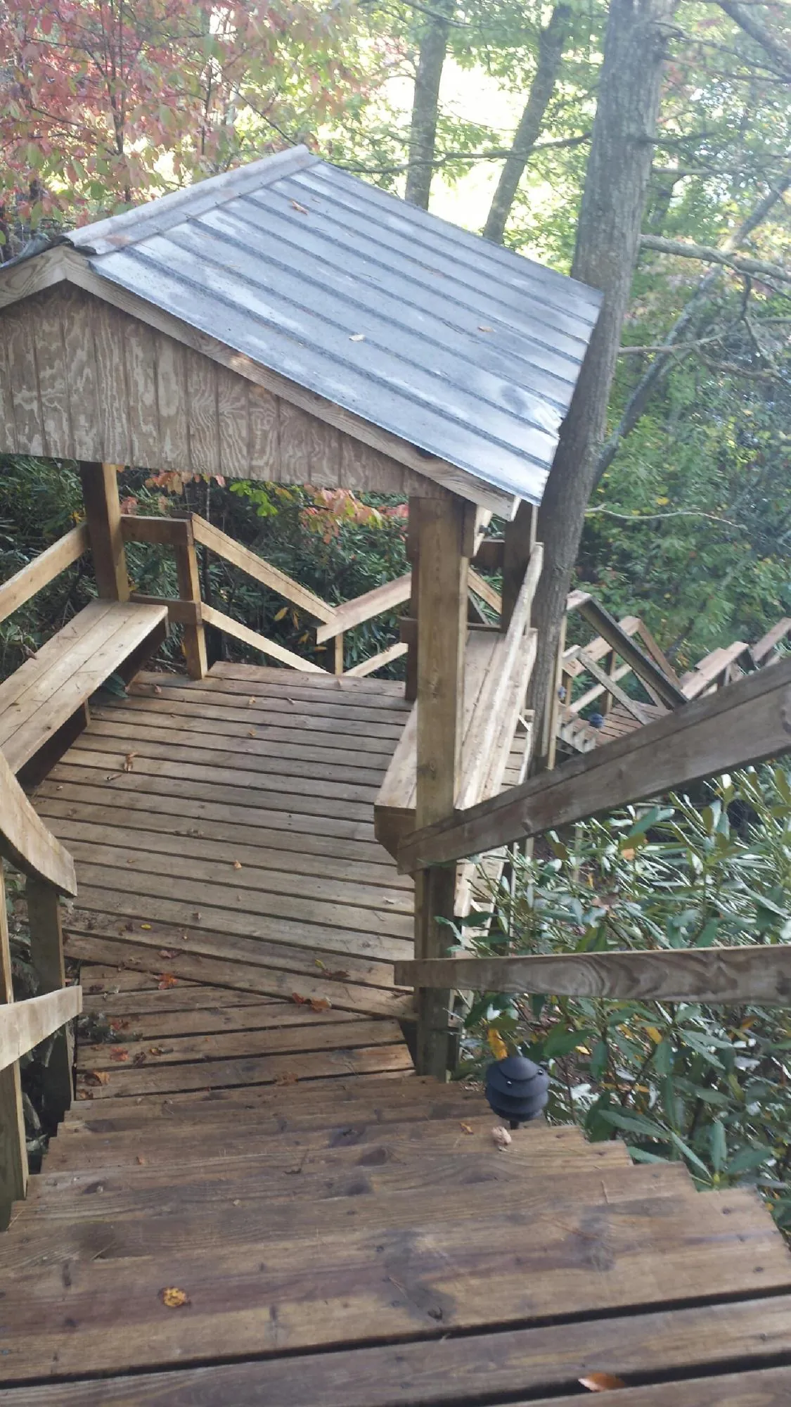 Metal roofed shelter over wooden steps on a wooded walkway — Skylight Repair & Installation work by our crew in Stantonsburg
