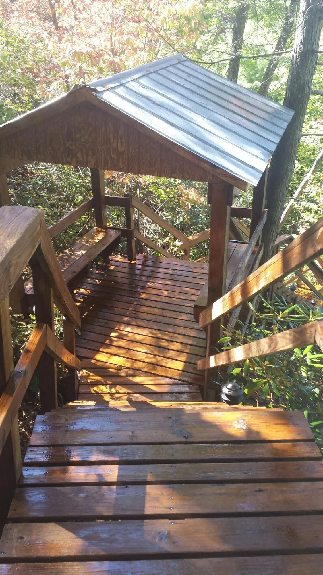Freshly stained wood walkway and covered shelter with a metal roof in Stantonsburg